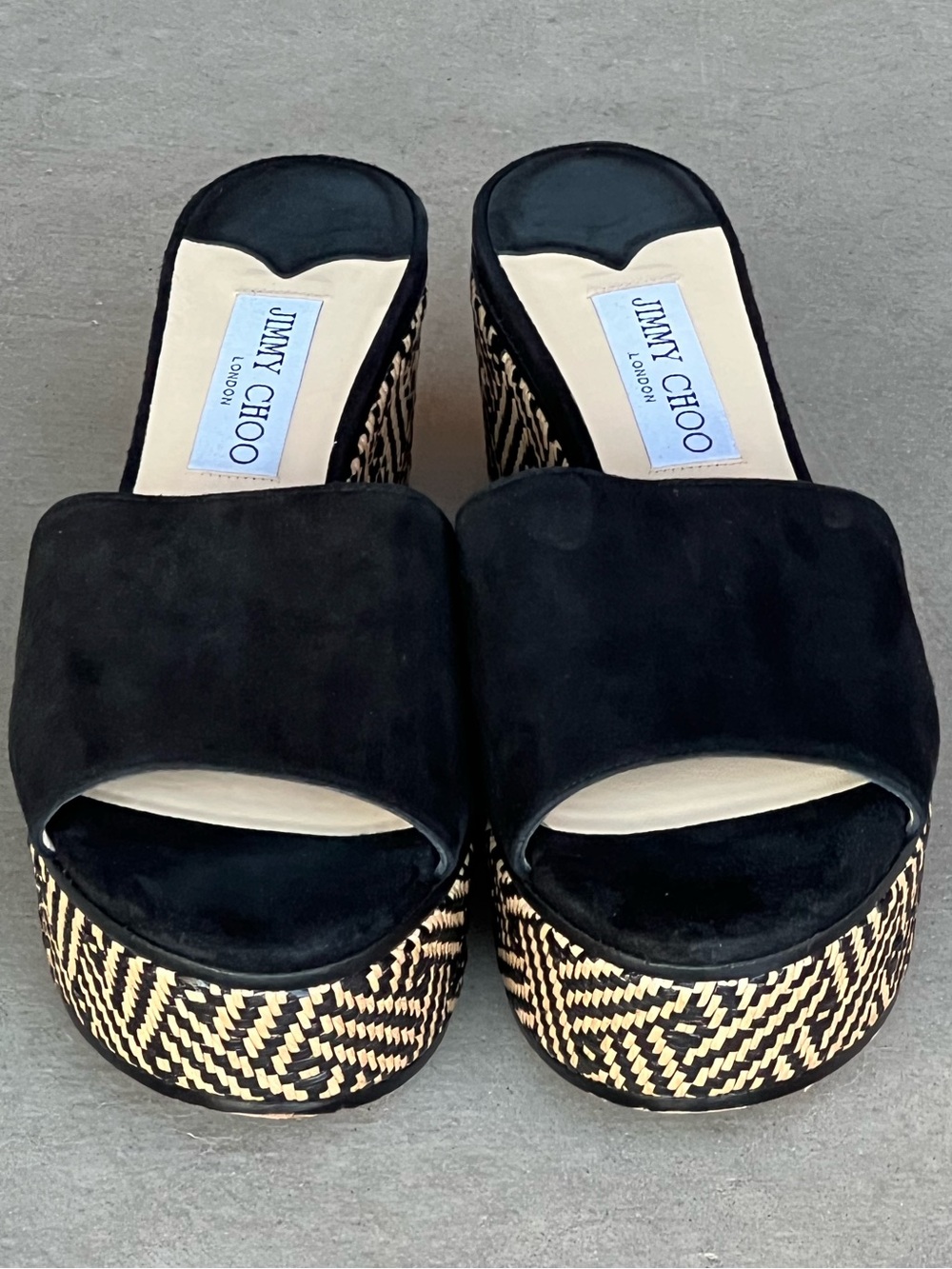 Jimmy Choo Deedee 80 Black Suede Chevron Raffia Platform Wedge Slides EU 38.5 - Picture 3 of 11